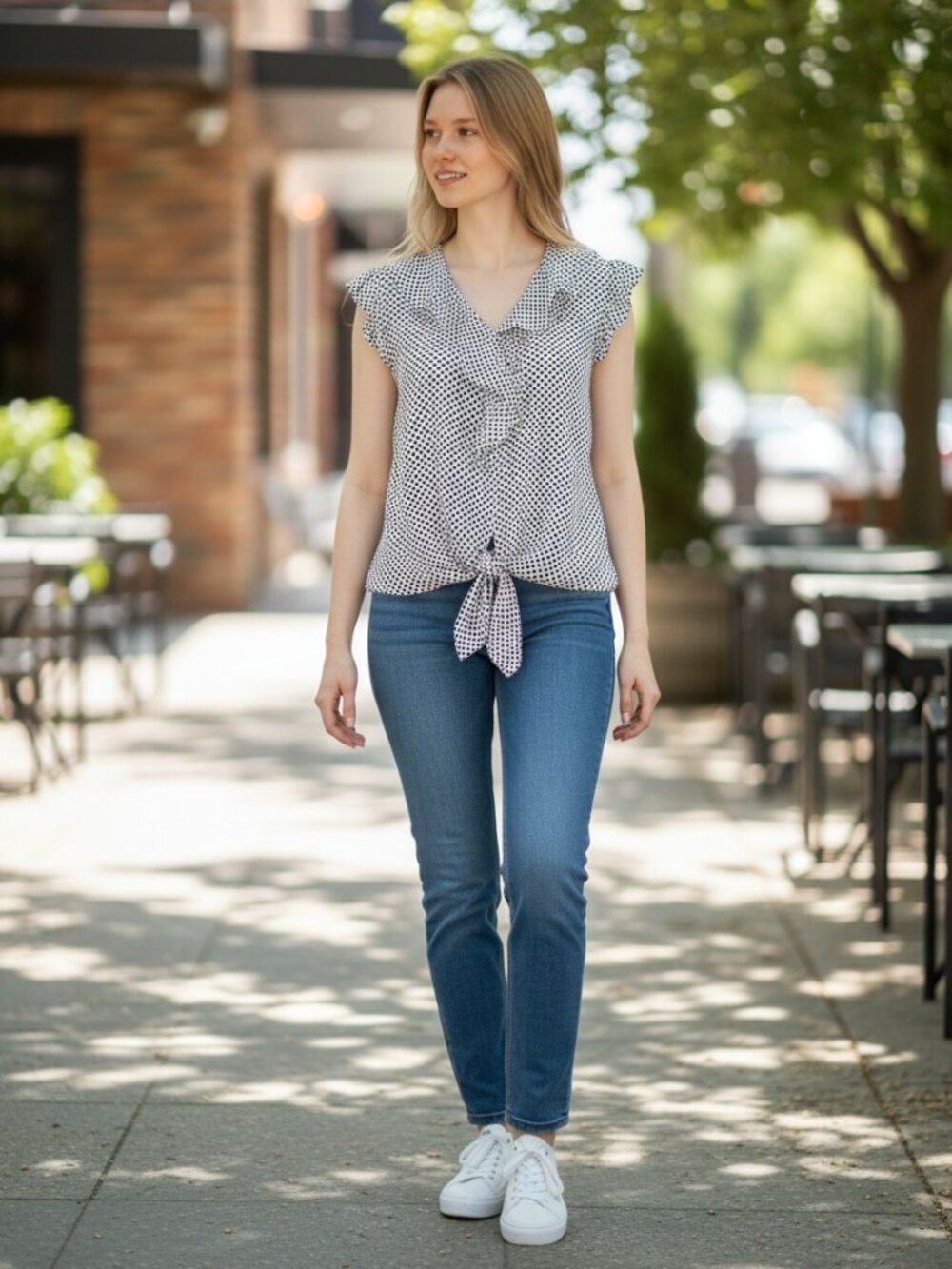 Monteau‎ Los Angeles Navy Polka Dot Ruffle Tie-Front Sleeveless Top